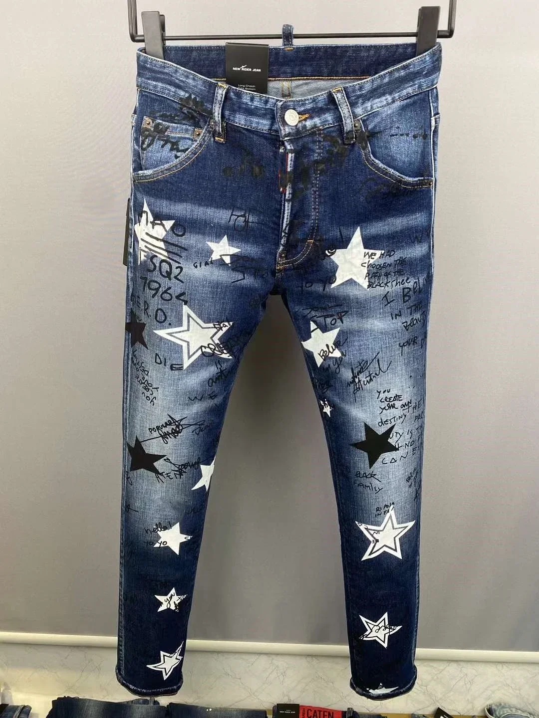 

Men's Letter printing Scratched Spliced Ripped Fashion Pencil Pants Jeans 9851#