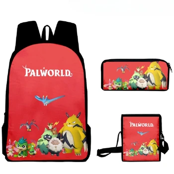 3pcs Game Palworld Student Double Layer Large Capacity Stationery Backpack Shoulder Bag Pencil Case Set