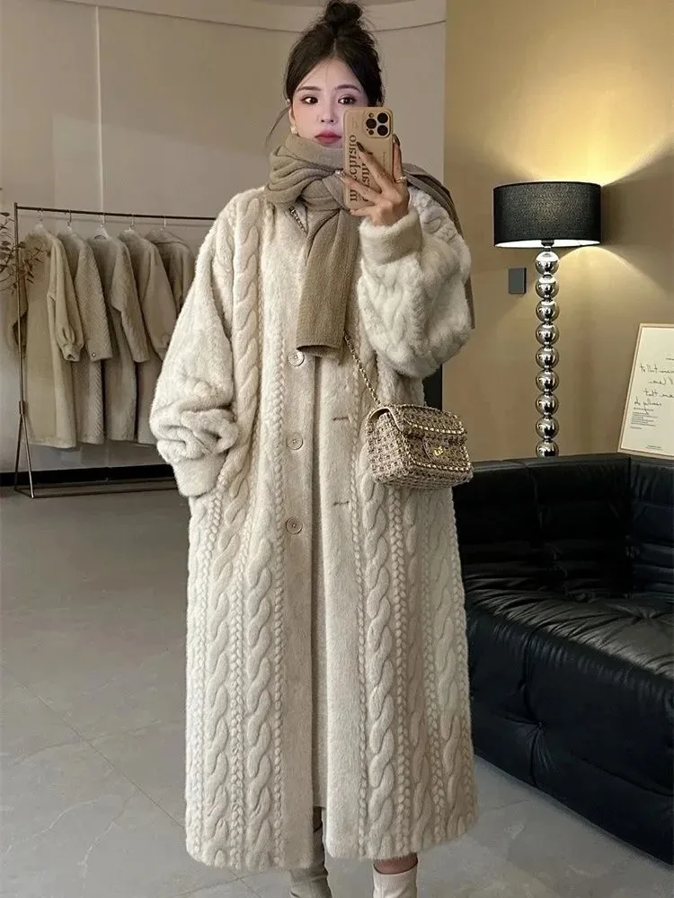 여성용 인조 모피 코트, 두껍고 부드럽고 느슨한 한국 패션, 푹신한 롱 가디건, 여성 2023 겨울 싱글 브레스트 코트
