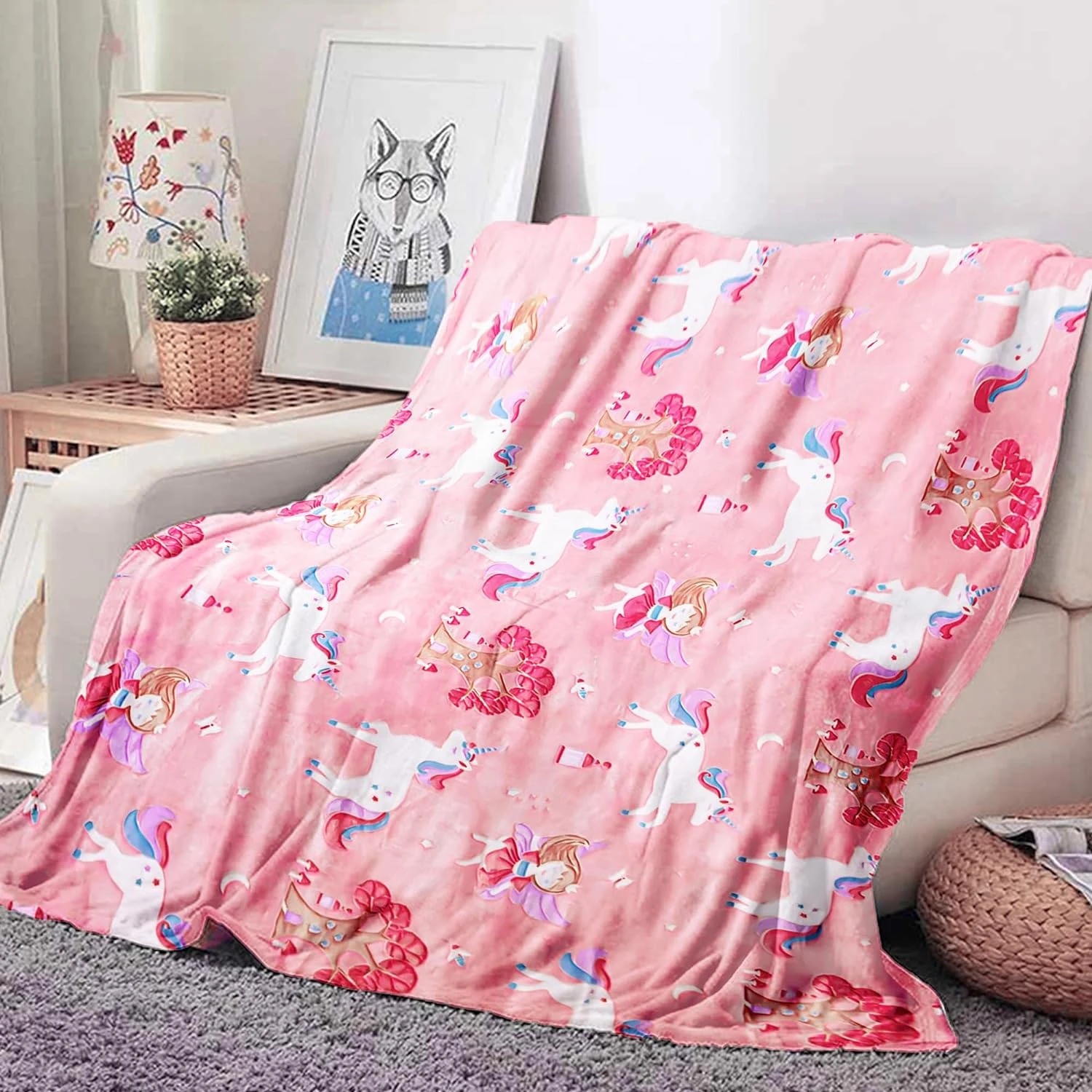 1pc Glow in The Dark Unicorn Blanket for Girls – Soft Pink Fleece