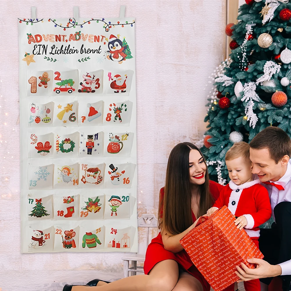 Fabric Christmas Advent Calendar Christmas Countdown Calendar Reusable Wall Hanging Ornaments with 24 Pockets Party Supplies
