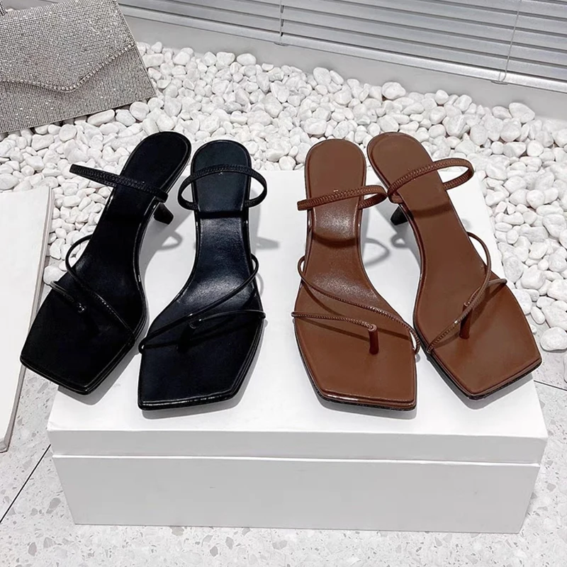 2023 Summer Vintage Thin Strap Sandals For Women Elegant Slip-On Heel Slippers Thin Heels Fashion Black White Shoes Ladies Hot