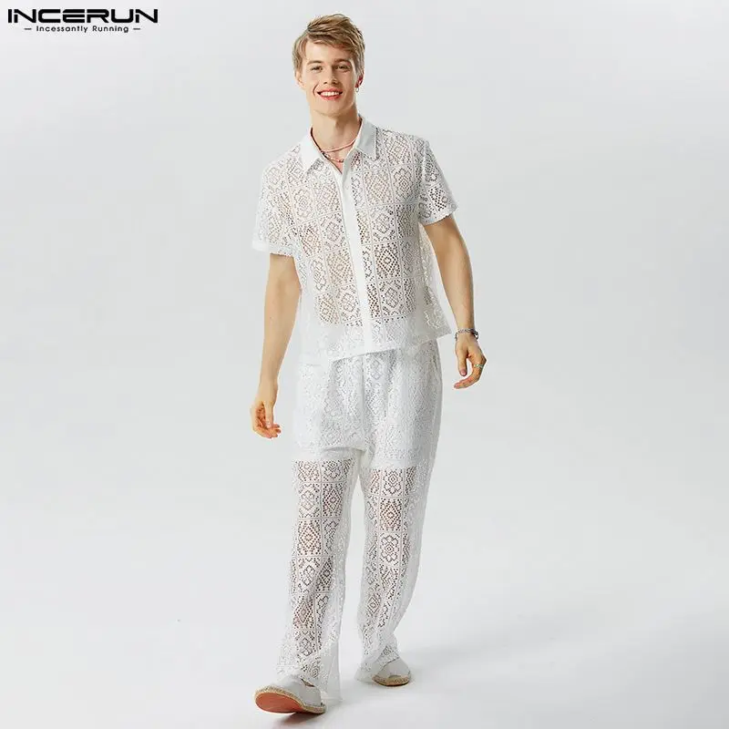 

INCERUN 2023 Stylish Hot Sale New Men's Fashion Sets Short Sleeved Shirt Long Pants Male Tracery Lace Print Two-piece Sets S-5XL