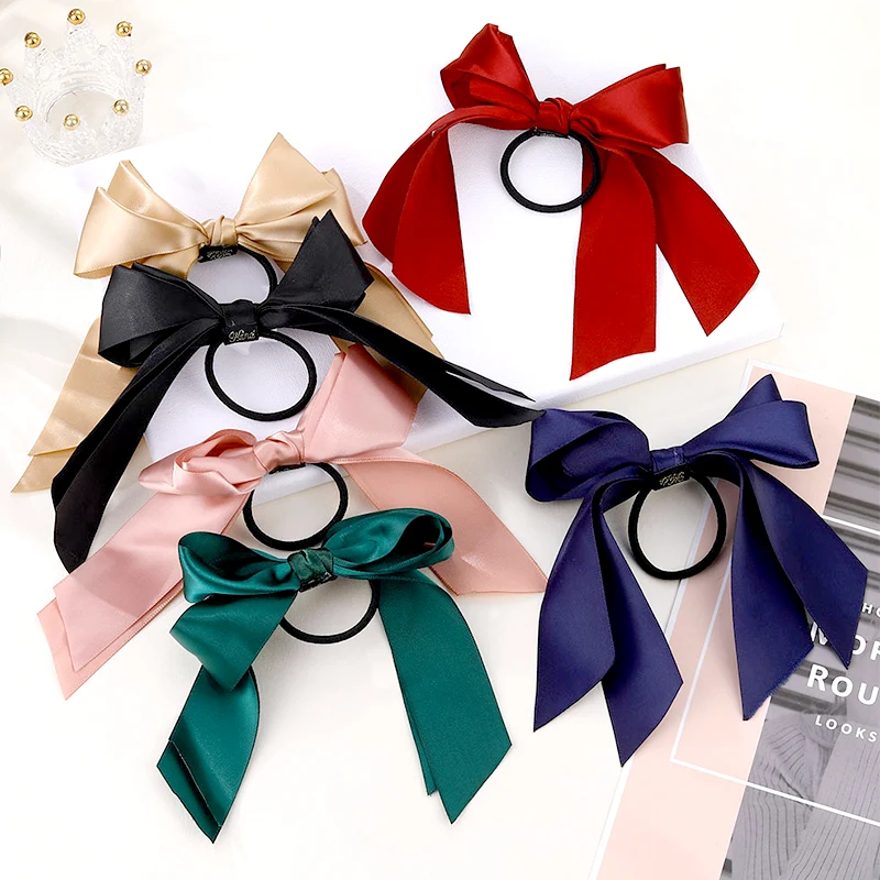 

Korean New Bow Hair Rope Elastic Hair Rope Firm Hair Band Satin Delicate Everything With Ponytail Long Silk Hair Adornment 1pcs