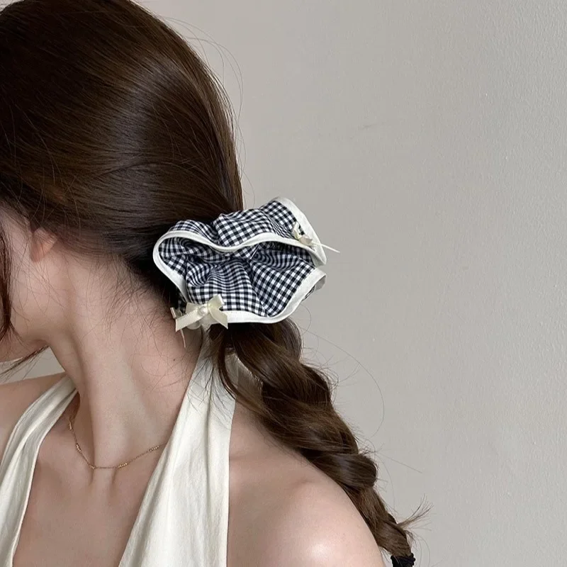 Elegant Black and White Plaid Scrunchie Hair Accessory