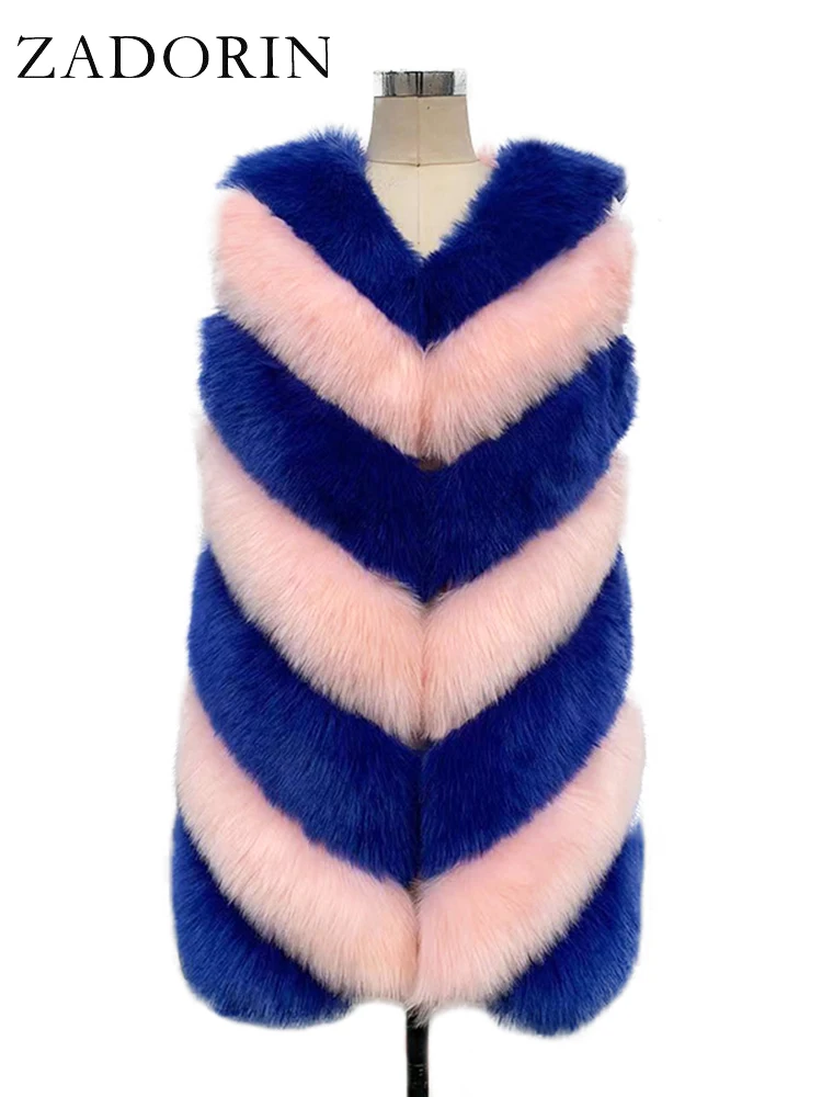 

ZADORIN Autumn Winter Fashion Contrast Color Faux Fur Vest Women Mid Long Fluffy Thick Warm Faux Fox Fur Coat Pink Jacket Vests