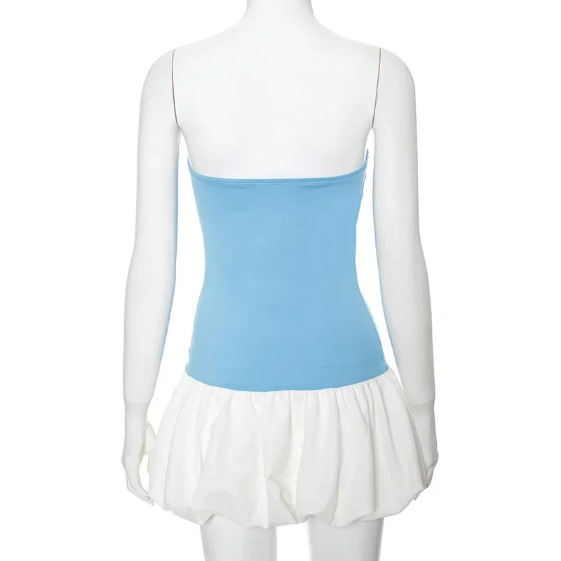 Summer Fashion Ruffled Mini Dress For Women Contrast High Waist Bandeau Patchwork Backless Dress Female Sexy Mini Dress