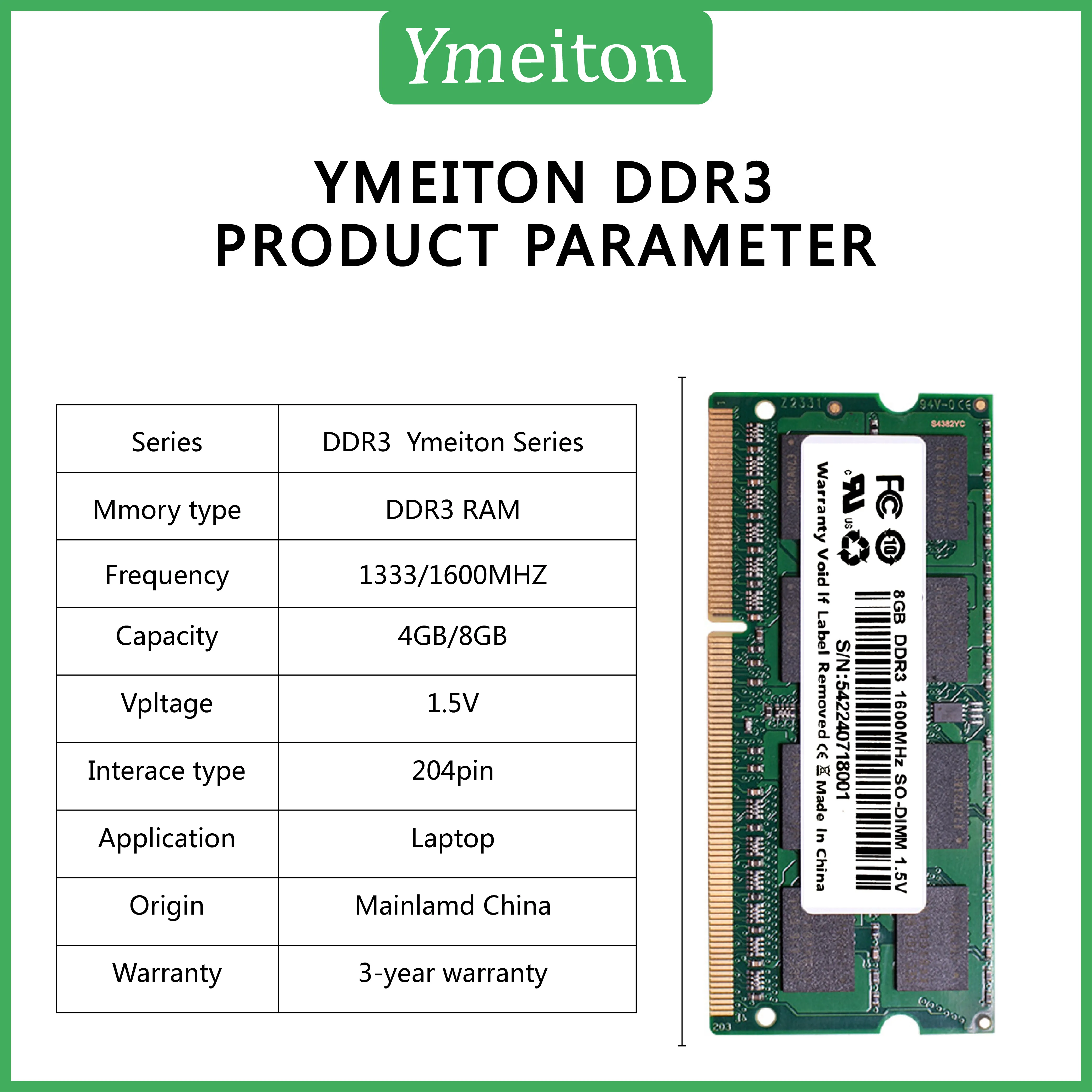 Ymeiton DDR3 20 PCS 노트북 메모리 스트립, ddr3 1333MHz 1600MHz 4GB 8GB SO-DIMM 메모리 RAM 204핀 범용 메모리 도매