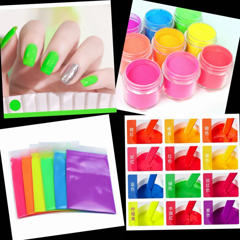 Neon Phosphor Nail Art & Craft Pigment Powder - 16 Vibrant Colors