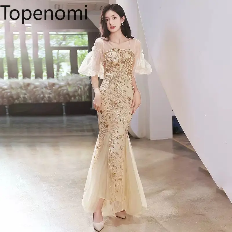 

Topenomi Luxury Sequins Fishtail Party Dress Women 2024 Summer Mesh Short Sleeve Waist Slim Fit Evening Gwon Elegant Vestidos