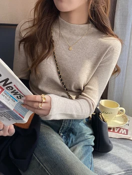 المرأة محبوك البلوفرات الخريف الشتاء الياقة المدورة سترة المرأة موضة جديدة الصلبة القمم كم طويل قاع محبوك سترة ﻿