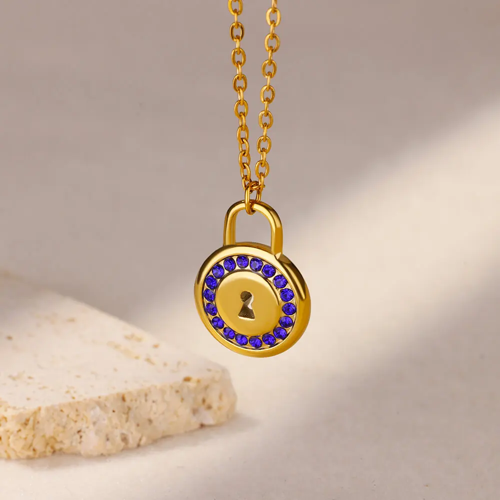 White Zircon Round Lock Stainless Steel Chain Necklaces For Women