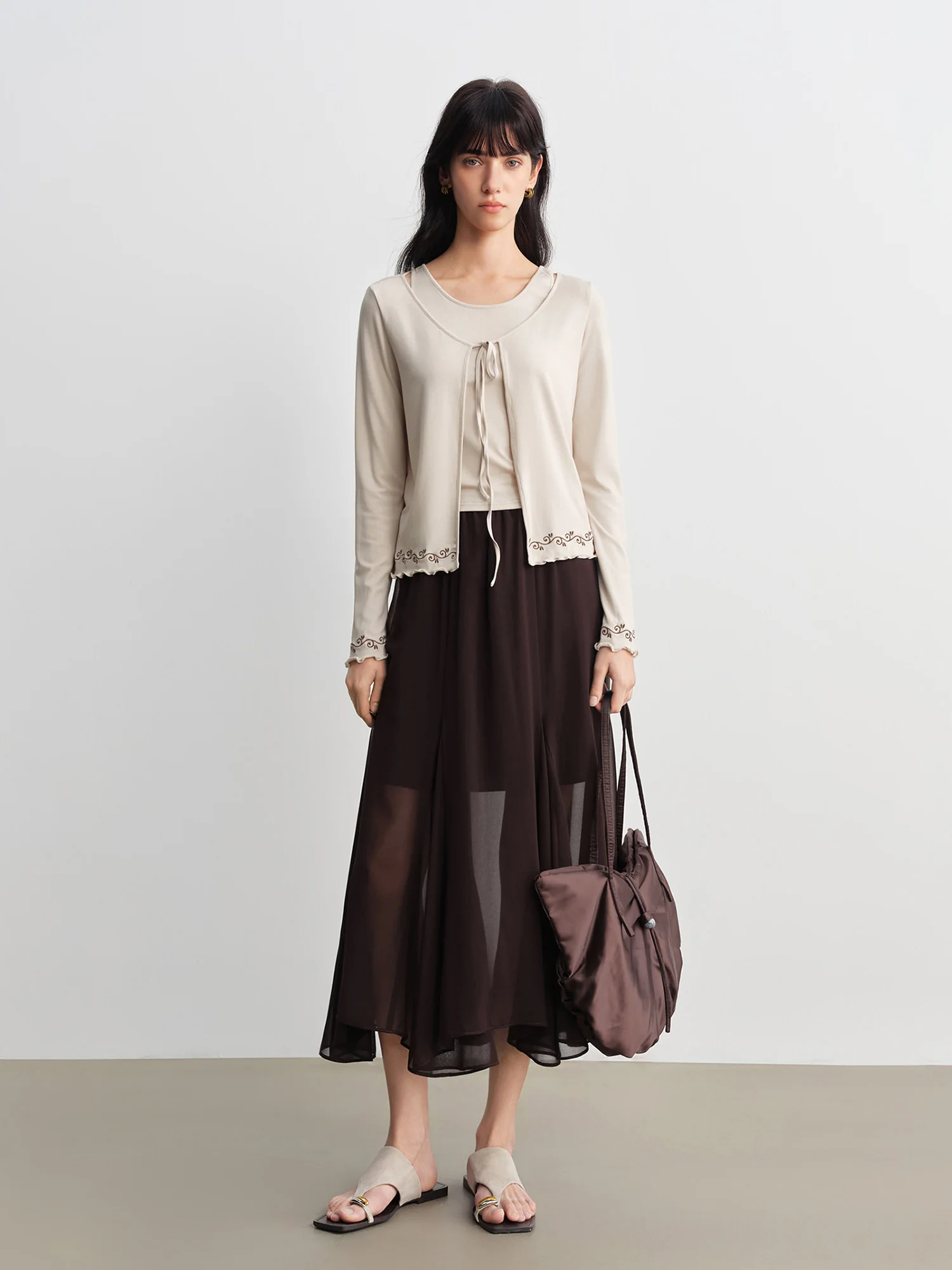 ZIQIAO Design-Forward Asymmetrical Drape Women Chiffon Skirt Spring 2026 New Arrival Soft Elegance Long Skirt Elastic Waistband