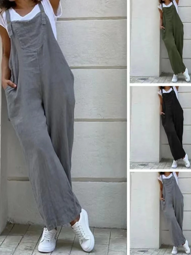 Jumpsuit for Elegant Women Solid Color Long High Waisted Straight Tube Casual Button Strap Pocket Women's Social Overalls women s summer high waisted large size jumpsuit solid color belt waistband pleated square neck bubble sleeved straight leg pants