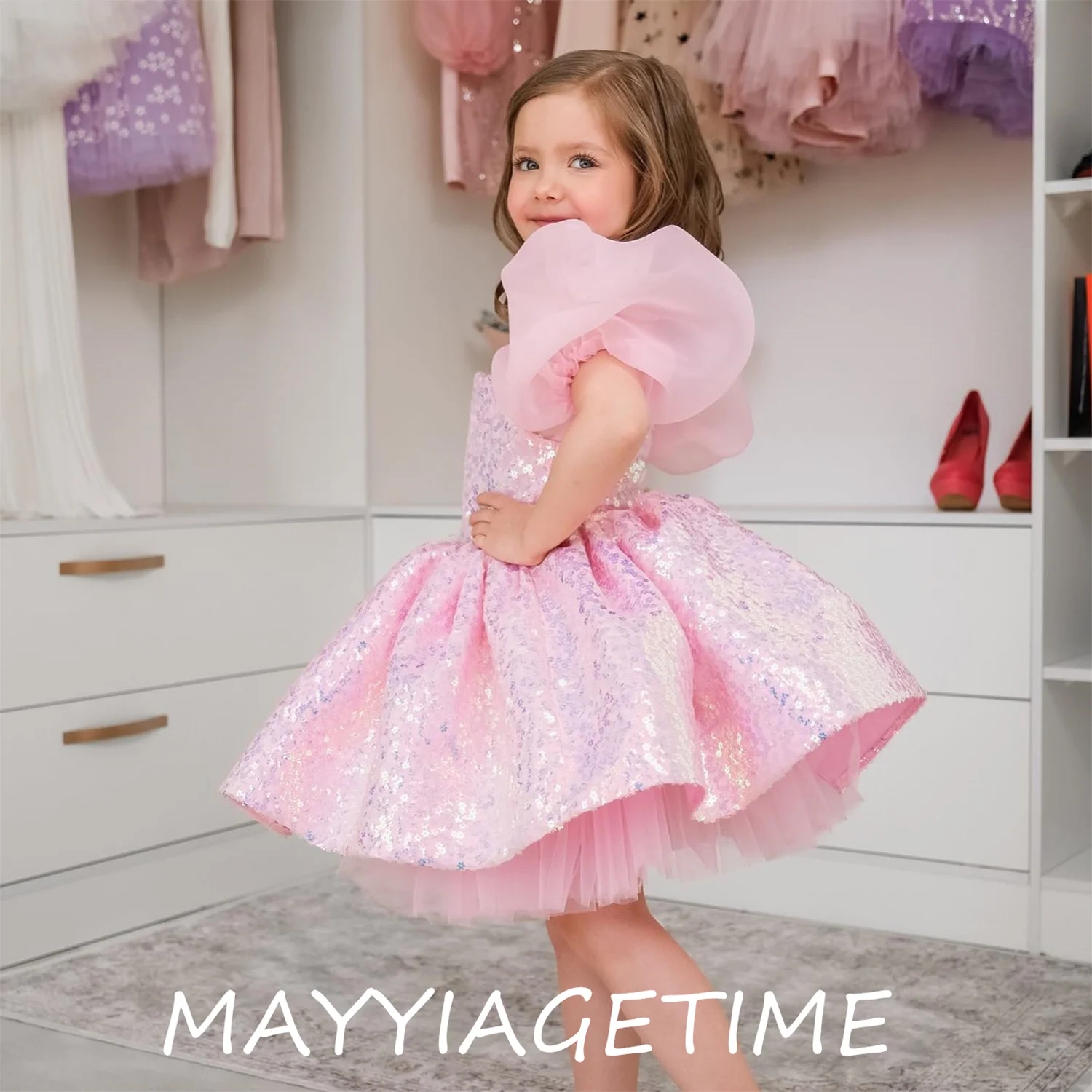 

Pink Sequined Flower Girl Dresses Puffy Sleeve Knee Length Communion Dresses Girls Summer 2023 New Tiered платье женское