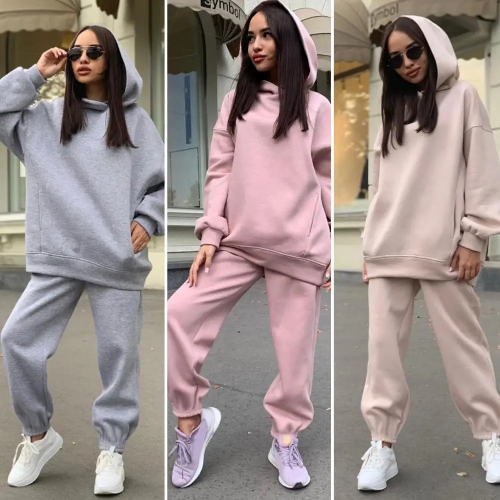Trendy Solid Color Two Pieces Set Long Sleeves Casual Autumn Tracksuit Pocket Winter Hoodie Pants Set for School