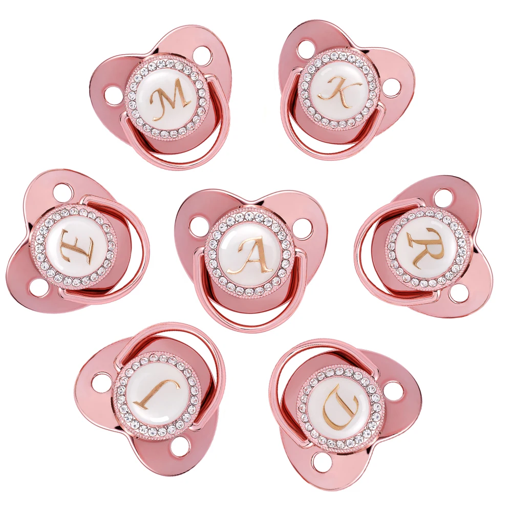 

Name Initial Letters Baby Pacifier Newborn Silicone Pacifier Rose Gold Bling Infant Nipple BPA Free Baby Soother Dummy 0-24M