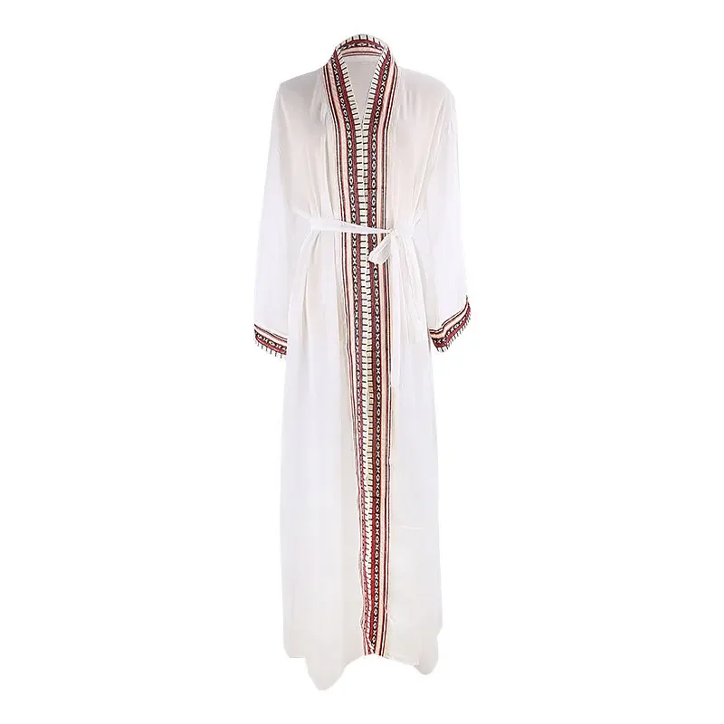 White Chiffon Long Maxi Kimono Cardigan Women Beach Cover Up Embroidery Edge with Belt Tunica Kaftans Femininos Beachwear 2026 4
