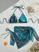 Women's Three-Piece Swimsuit Set, Blue Marble Print Sexy Bikini with Tie-Up Triangle Top, Tie-Up Triangle Bottoms, Mesh Skirt, Wrap Skirt, Beach Swimwear - Image 2