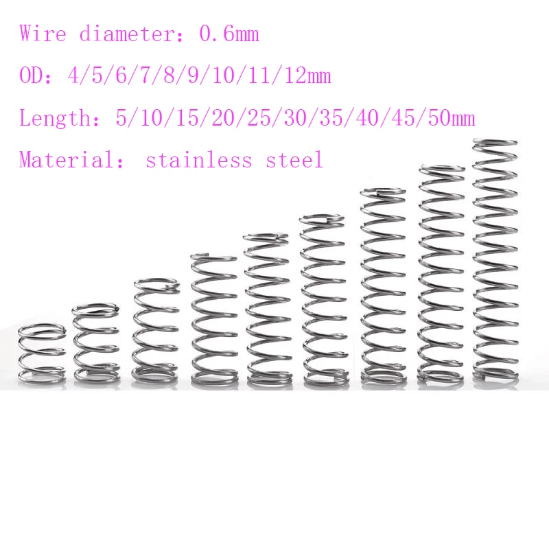 스테인레스 스틸 마이크로 소형 압축 용수철, 길이 5mm ~ 100mm, OD 4mm, 5mm, 6mm, 7mm, 8mm, 9mm, 10mm, 11mm, 12mm, 0.6mm, 로트당 20 개