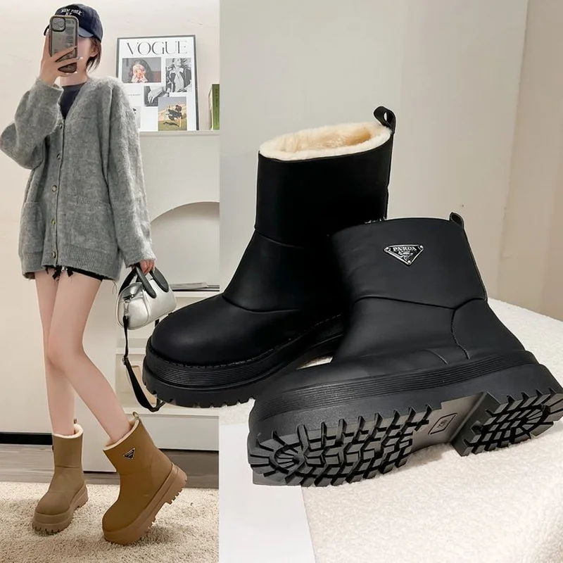 Winter Waterproof Women Snow Boots Thick-Soled  Warm Female Antiskid Soft Leather Shoes Size 35-40