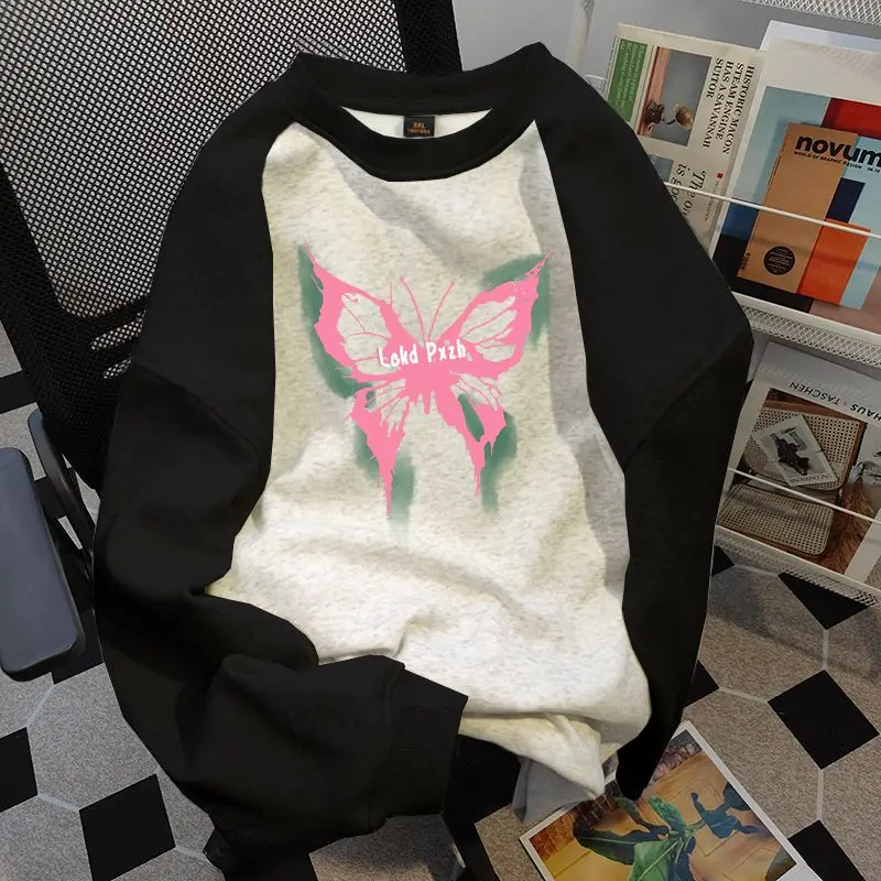 

EBAIHUI Butterfly Printed Round Neck Sweatshirt Loose Women's Round Neck Headless Pullover Autumn Winter Loose Long Sleeved Top