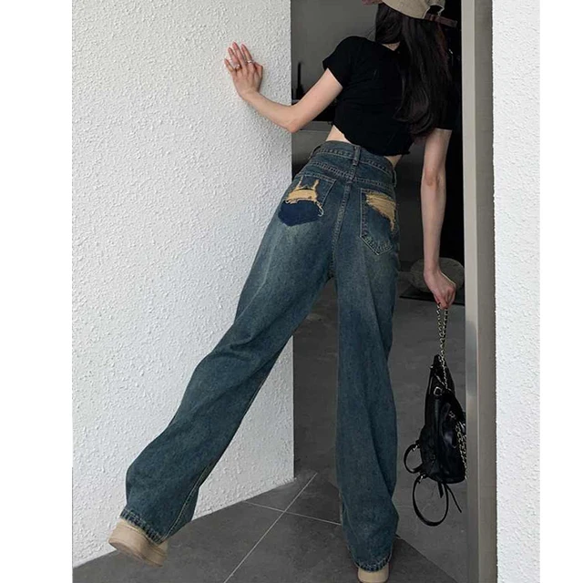 Jean à jambes larges pour femmes, taille haute, contrasté, jambe droite, pantalon ample, Streetwear, automne 5