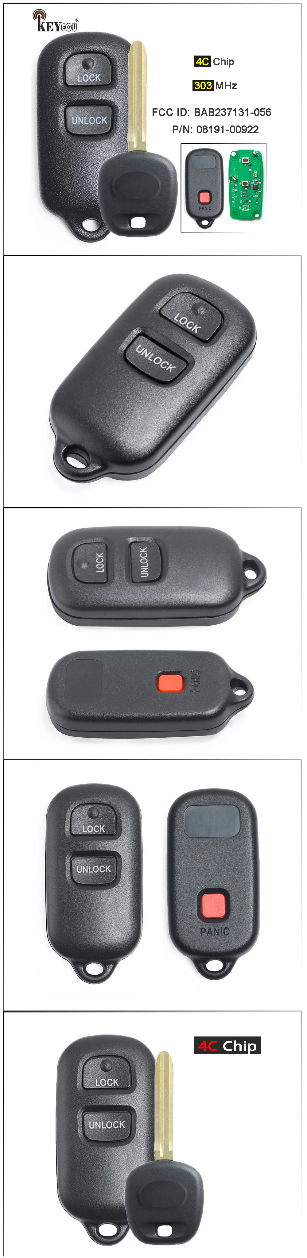 Keyforkess 303MHz 4C Chip FCC ID: BAB237131-056 3 pulsanti portachiavi a distanza per Toyota Scion xB Tundra Tacoma Solara Sienna Sequoia RAV4 - Sc48886b4e175468fb1a4773cf67ed279J