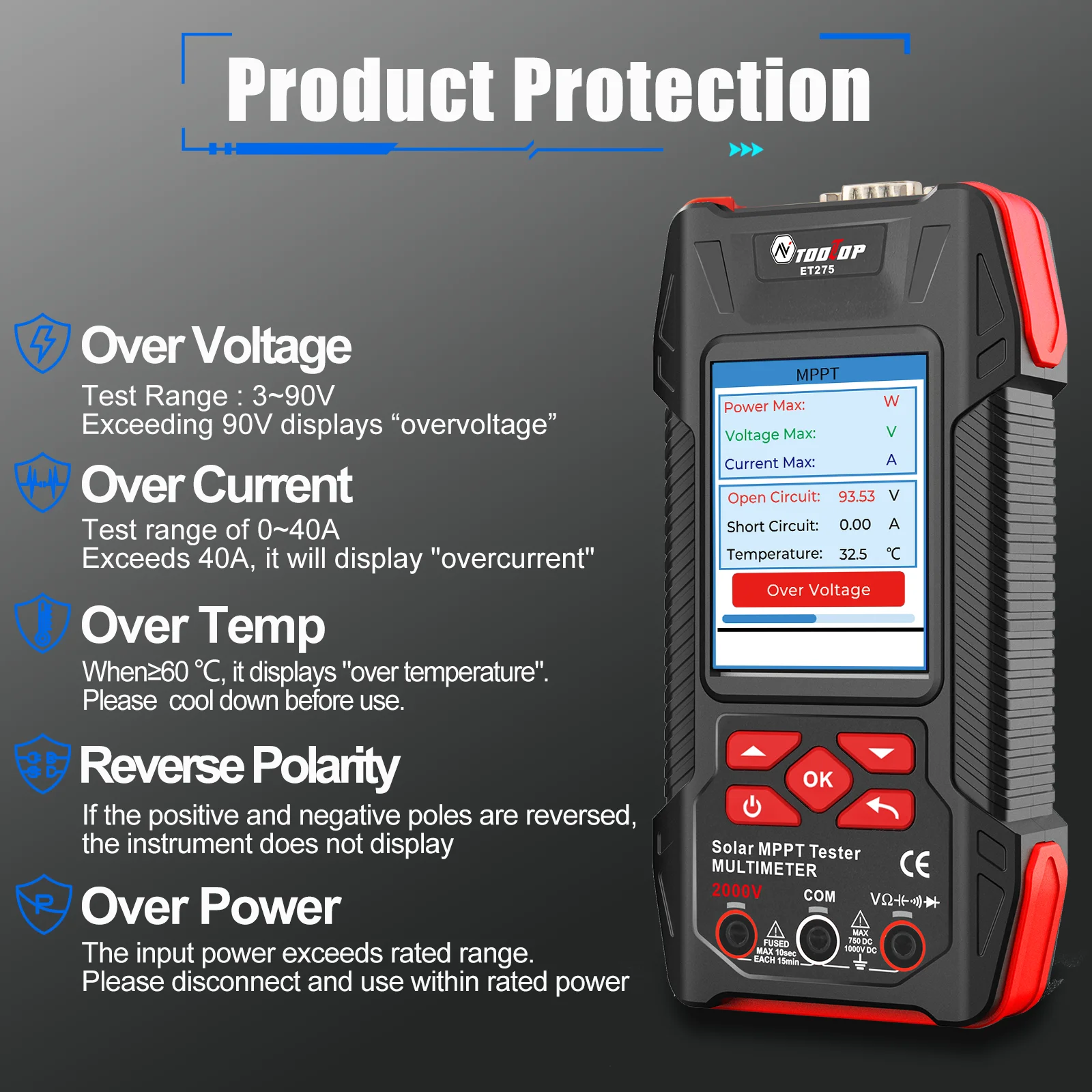 2000W Solar Panel Tester 3.2Inch MPPT Curves Photovoltaic Multimeter Pmax Voc Ls