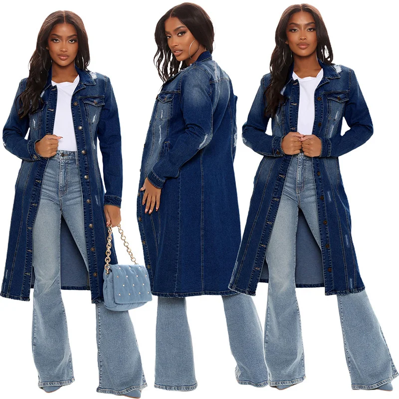 

Spring Autumn X-long Washed Denim Trench Coat Women Oversize Holes Jean Outerwear Female Streetwear Retro Straight Windbreaker