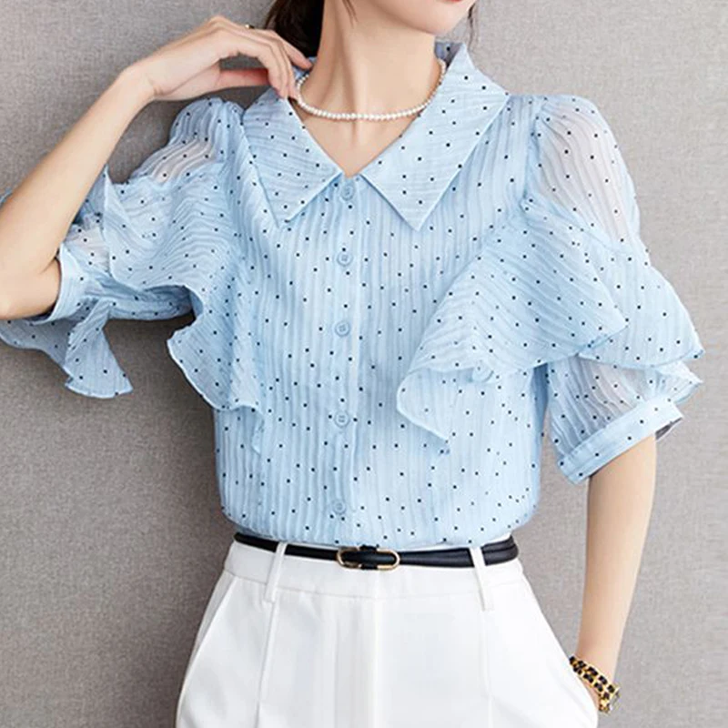 2024 Summer Women Korean Fashion Ruffles Polka Dot Print Shirts Lapel Elegant Chic Sweet Chiffon Blouses Short Sleeve Loose Tops