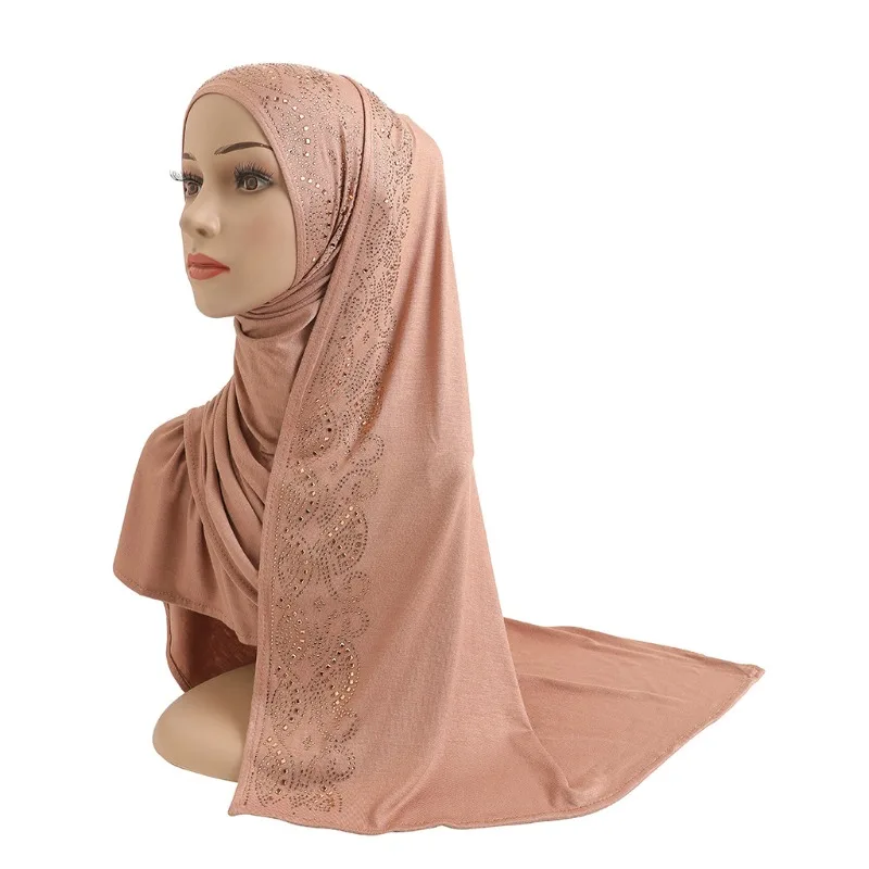 

Cotton Jersey Muslim Long Scarf Rhinestones Modal Headscarf Islamic Hijab Wear Arabic Rectangular Headwrap Woman Shawl Turbans