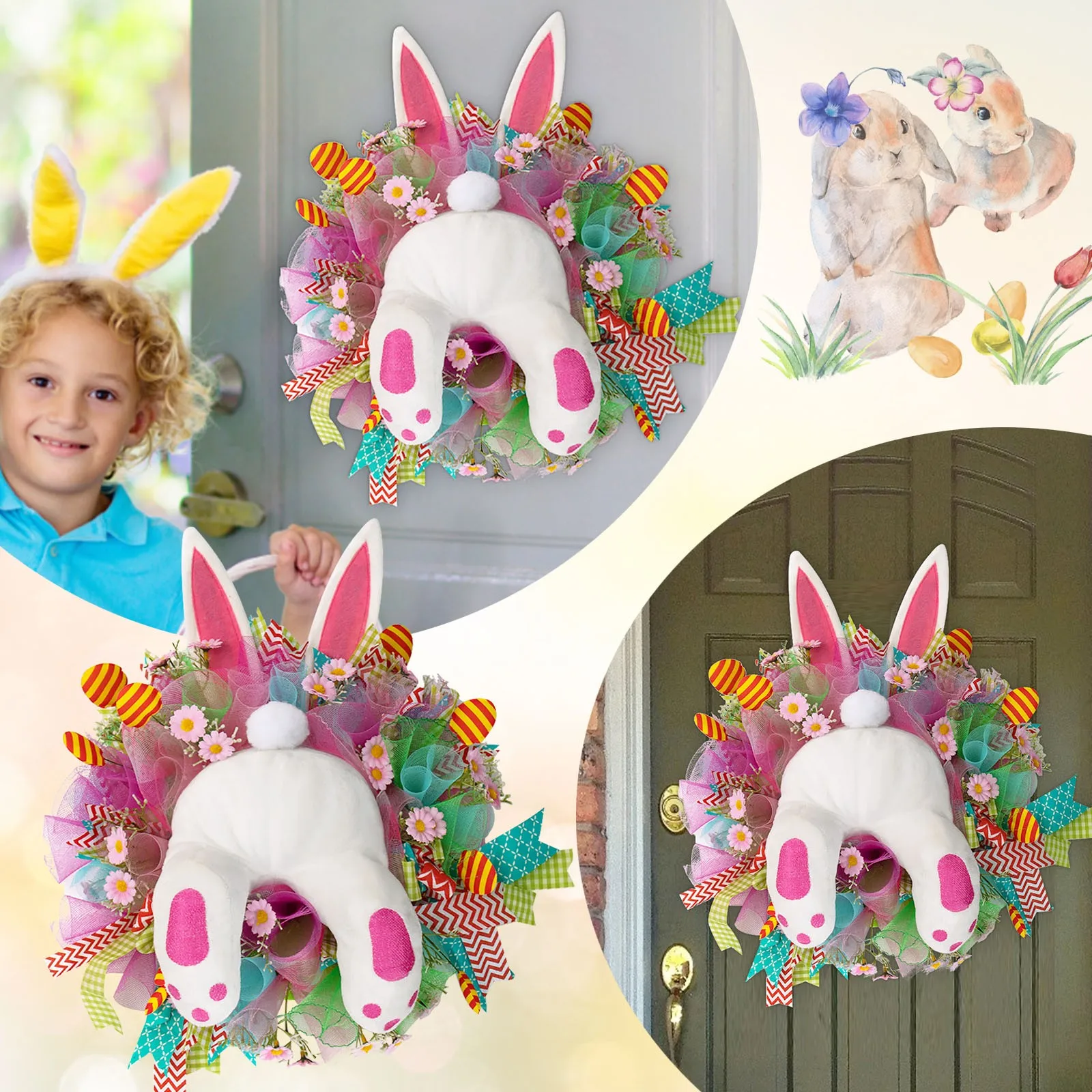 

44*36cm Wreaths Faux Thief Rabbit Bunny Butt Wreath Easter Decoration Garland Home Decor 2024 Door Hanging Wreath Party Supplies