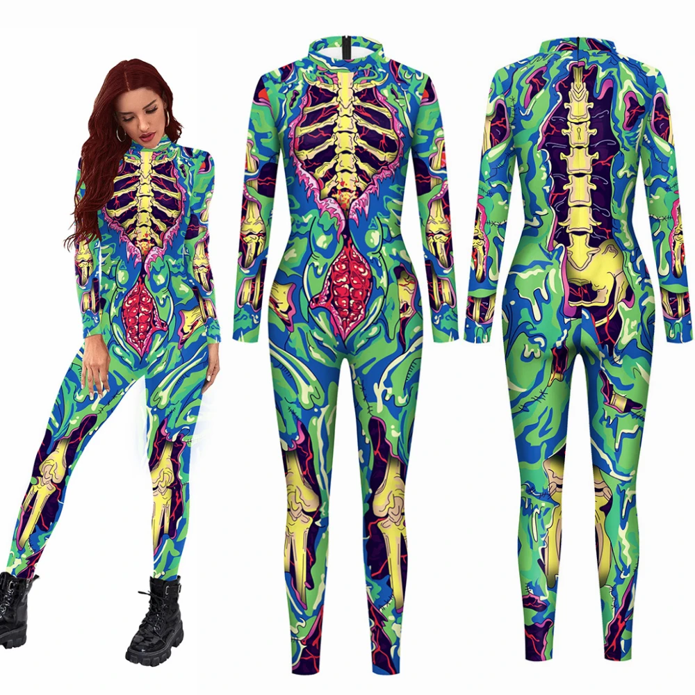 

New Halloween Multicolor Punk Skeleton Cosplay Jumpsuit Sexy Women Girls Printing Zentai Party Masquerade Carnival Bodysuit