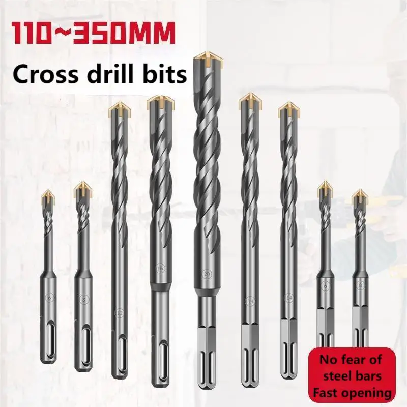 110-350mm Impact Lengthened 1Pcs Four Pits Square Handle Electric Hammer Drill Bit Cement Wall Concrete Impact Drill Bit Tool