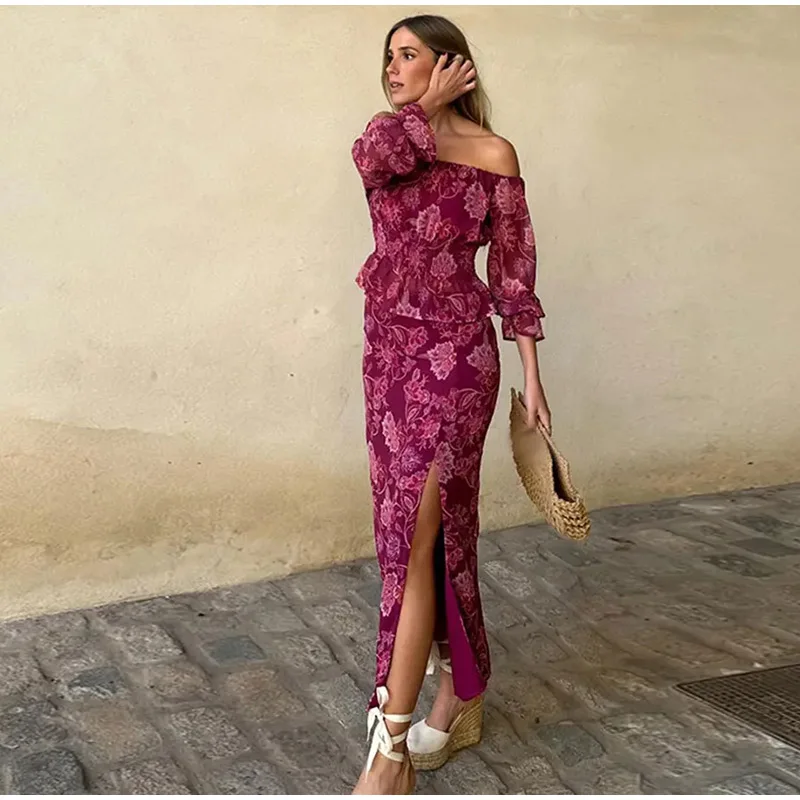 Vintage Print Top Skirt Suits Women One Shoulder Long Sleeve Waist Up Ruffled Hem Tops High Slit Skirt Vacation Beach Outfits
