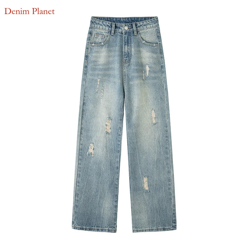 

Denim Planet Style Ripped Jeans For Women's Summer 2024 New High Waisted Straight Loose And Slimming Wide Leg Mop Pants