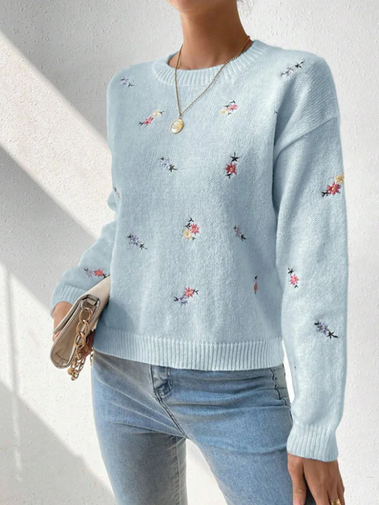 2025 Women Embroidery Floral Sweaters Fashion O-Neck Pullovers Long Sleeve Loose Knitted Jumpers Fashion Splice Warm Sweaters