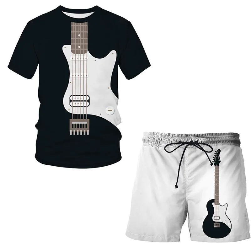 thumbnail image 1 of Conjunto de pantalones cortos de manga corta con estampado 3D y patrón de guitarra musical personalizado Conjunto holgado de 2 piezas para hombre, 1 of 5