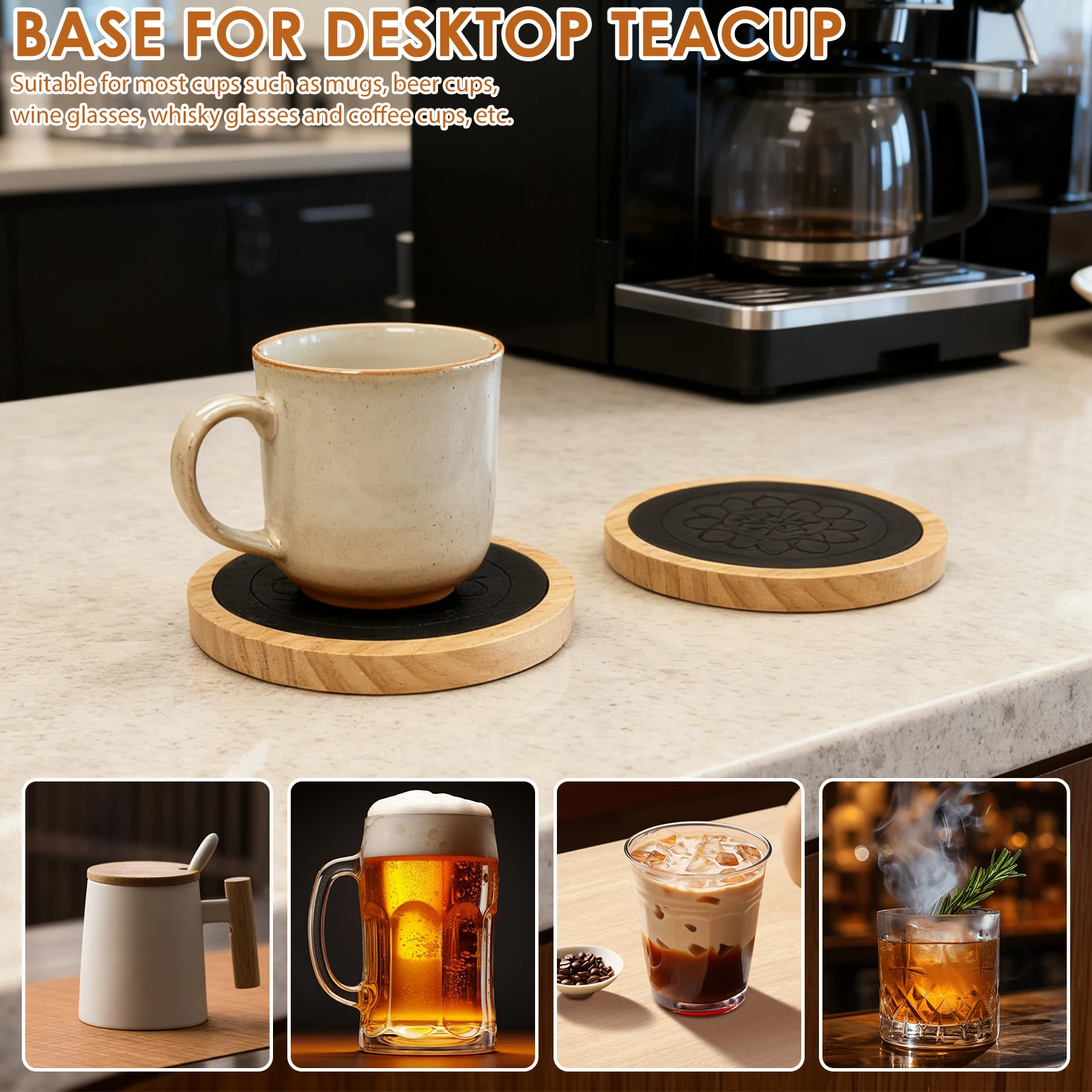 5Pcs Wood Coasters Home Dining Table Decor Wood Cup Pad Round Wood Cup Mat Felt Absorbent Coaster Set for Coffee Hot Drinks