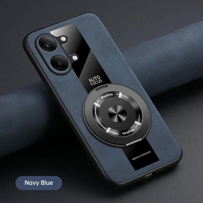 Luxury Leather Magnetic Holder Phone Case with Ring and Silicone Bumper