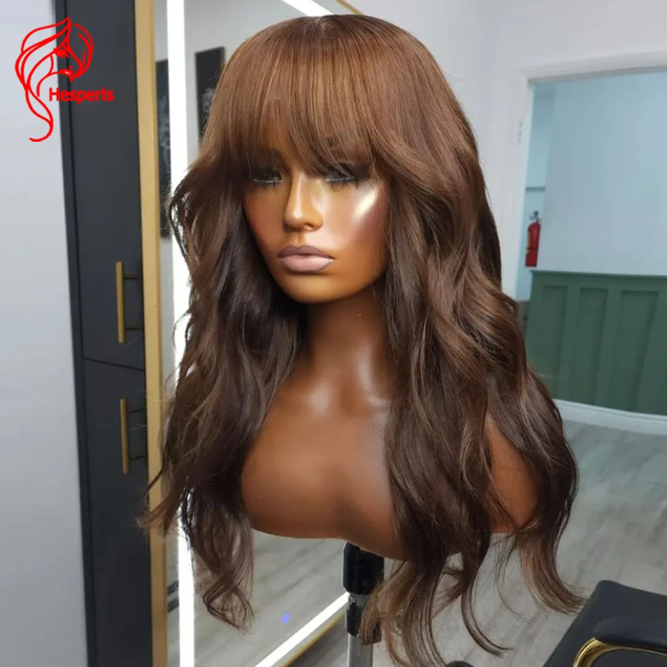 

Hesperis Wear And Go Wigs With Fringe Brown Scalp Top Full Machine Made Human Hair Wig With Bangs Natural Wave For Women