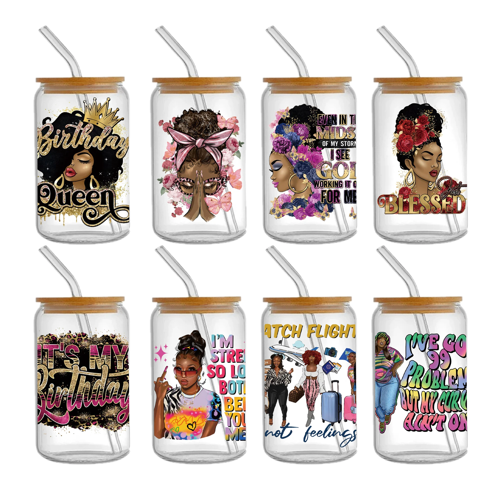 Black Girls UV DTF Sticker For 16oz Cups Wrap Transfer Sticker Labels DIY Selfadhesive Waterproof