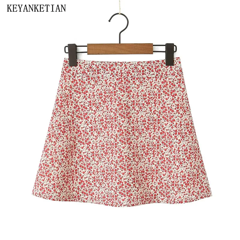 

KEYANKETIAN 2024 New Launch Women's Vintage Floral Skirt Summer Pastoral style Slim Back Zipper High-waisted A-line Mini Skirt