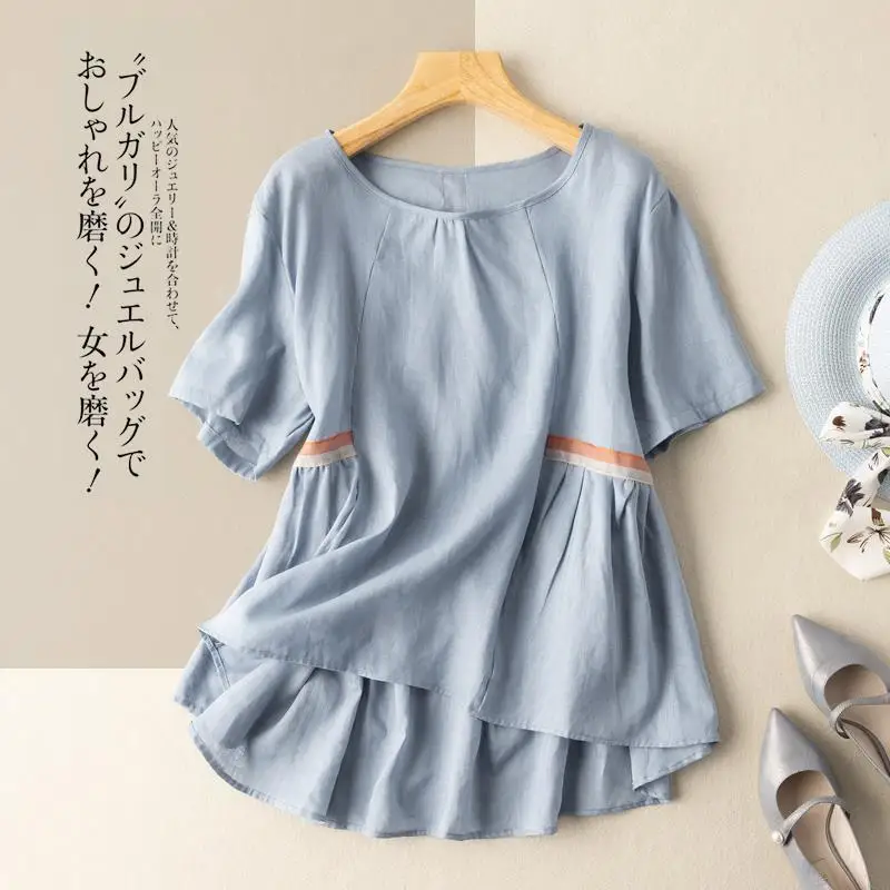

New Arrival Summer Arts Style Women All-matched Loose O-neck Short Sleeve Blouse Cotton Linen Patchwork Casual Shirts P372