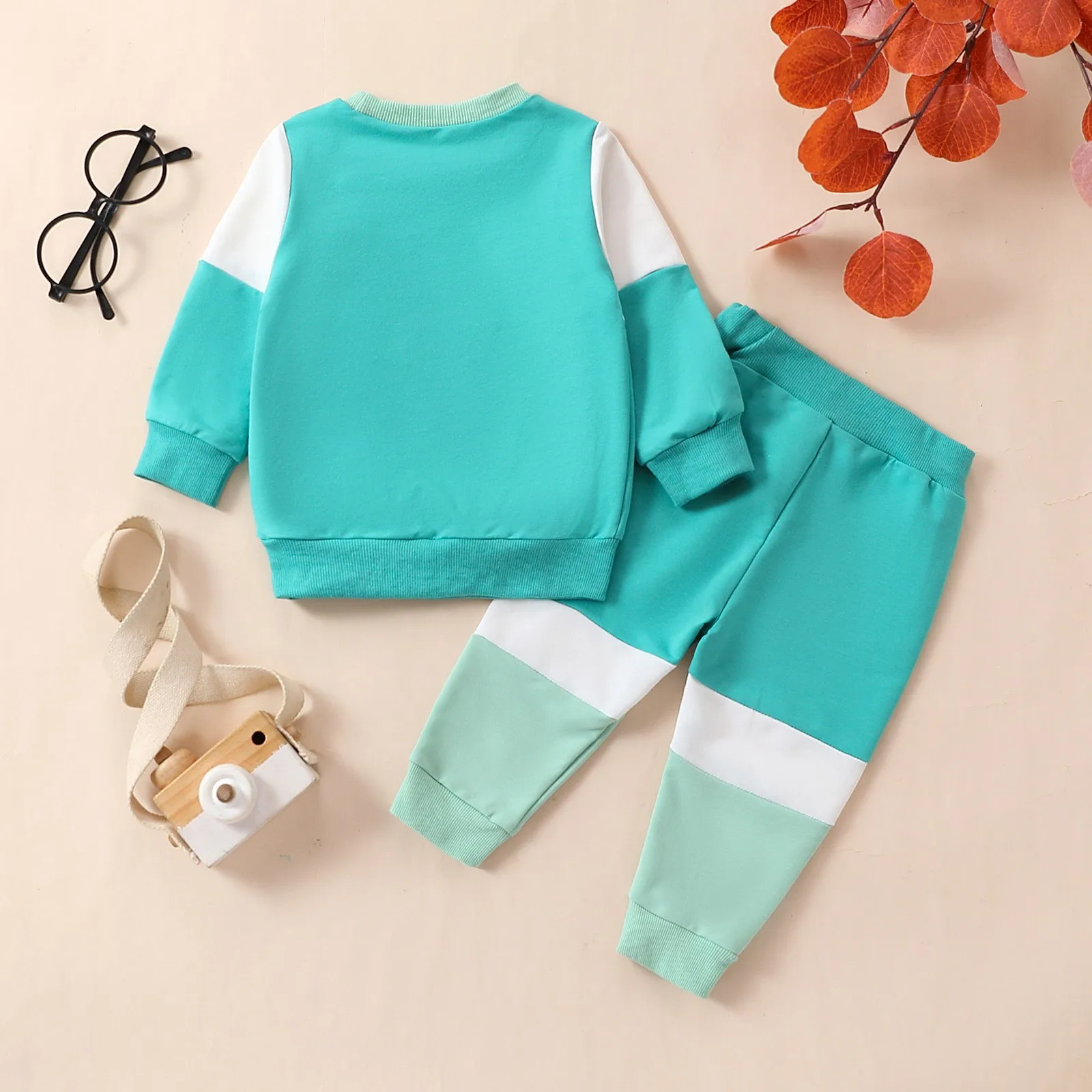 2PCS Fall and Winter Infant Boys and Girls Sportswear Contrasting Color Long Sleeve Sweatshirt Top Long Pants Toddler Clothing S