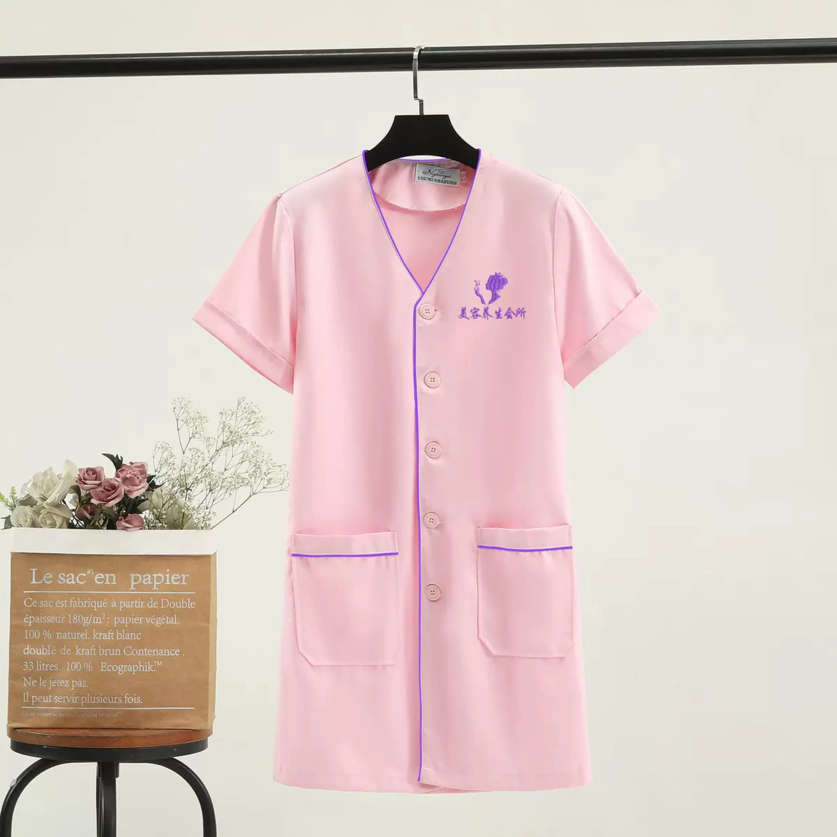 Black short Beautician tops beauty uniform dress spa uniform scrub uniform white plus size Salon grooming clothes Lab coat logo images - 6