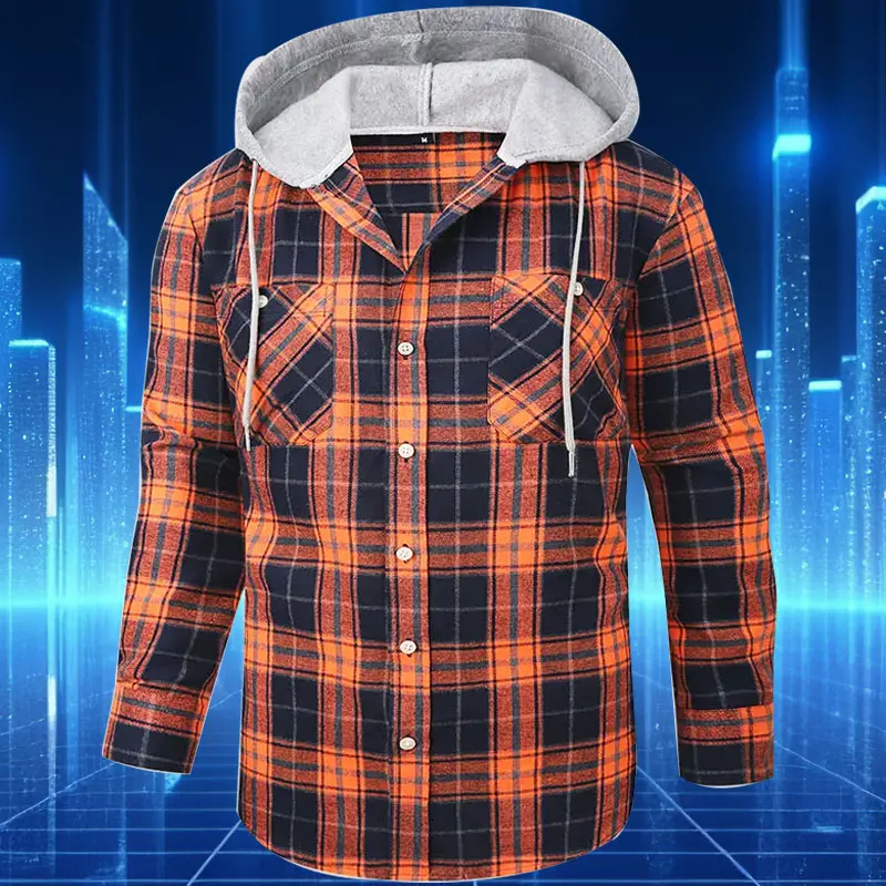 American size men's long sleeve shirt spring new fashion Europe and the United States casual hooded plaid coat ground flannel europe and the united states tide brand men s american small fireman terry hooded sweatshirt hoodie