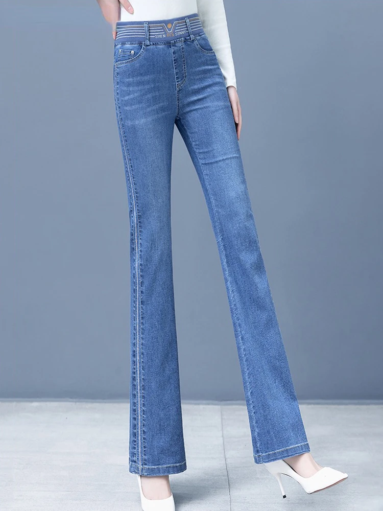 

High Waist Flare Jeans For Women New Casual Embroidered Slim Denim Pant Spring Fall Pantalones Korean Stretch Straight Vaqueros
