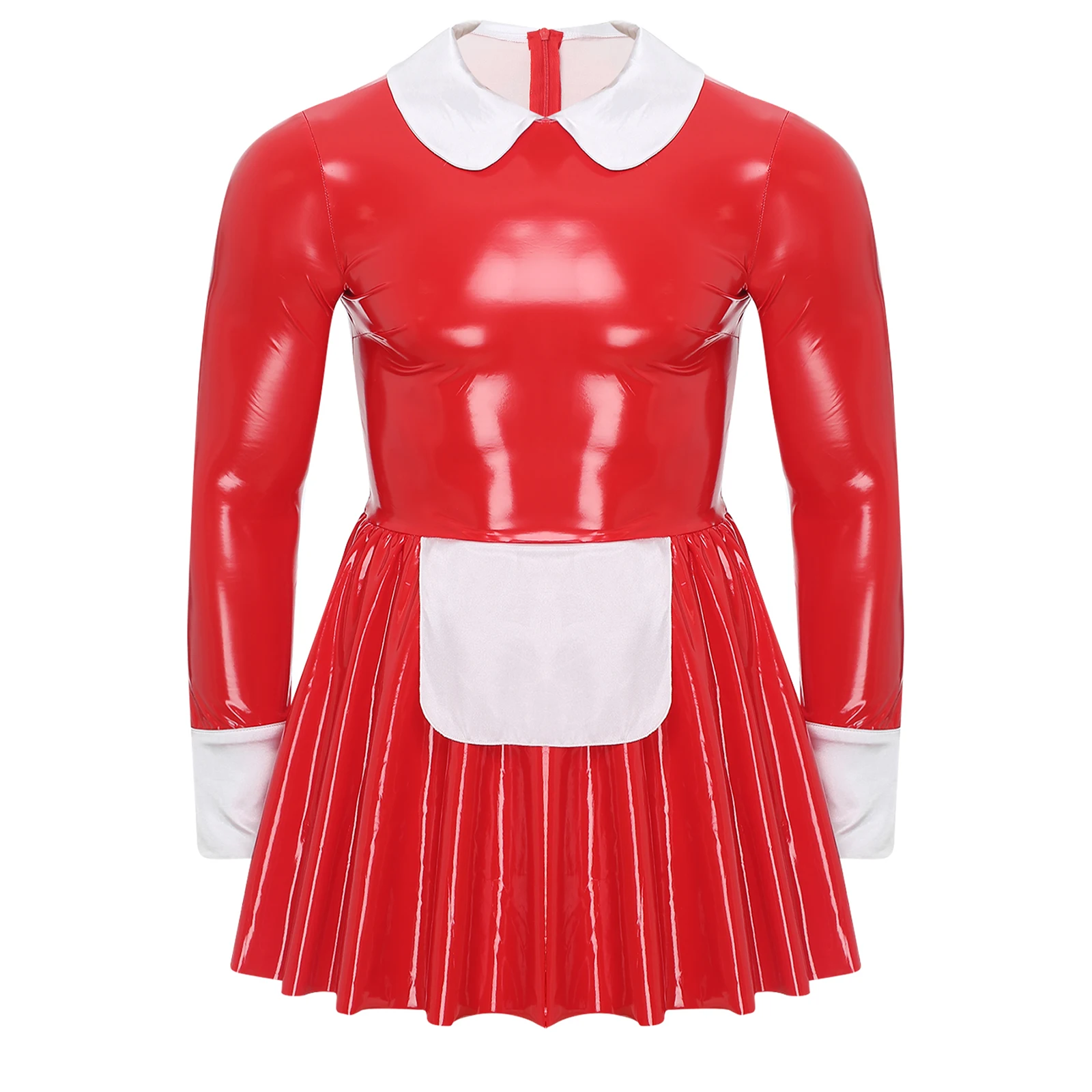 Mens Sissy French Maid Cosplay Costume Patent Leather Latex Dress Satin Apron Tulle A-Line Dress Sissy Crossdresser Clubwear